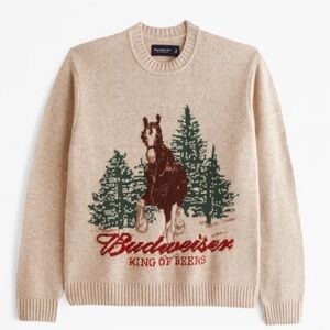 Abercrombie Budweiser Graphic Crew Sweater White Pepper Pattern NWT